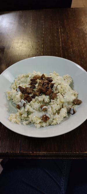 Cottage cheese pasta at Kozmosz Vegan Etterem in Budapest