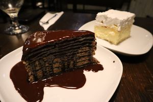 Amazing dessert! Layered pancake and tuoical hungarian custard cake.  at Kozmosz Vegan Etterem in Budapest