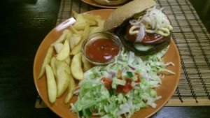 Bean burger at Kozmosz Vegan Etterem in Budapest