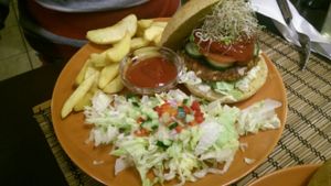 Veggie burger at Kozmosz Vegan Etterem in Budapest