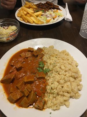 Seitan stew and BBQ seitan at Kozmosz Vegan Etterem in Budapest