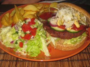 Bean burger at Kozmosz Vegan Etterem in Budapest