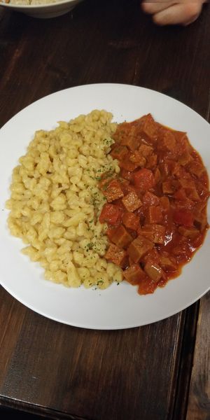 Seitan stew at Kozmosz Vegan Etterem in Budapest