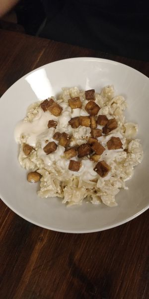 Cottage cheese pasta at Kozmosz Vegan Etterem in Budapest