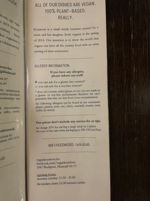A good personalised menu    at Kozmosz Vegan Etterem in Budapest