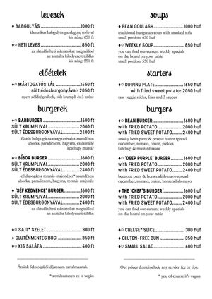 Menu/Soups,starters and burgers at Kozmosz Vegan Etterem in Budapest