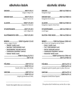 Menu/drinks at Kozmosz Vegan Etterem in Budapest