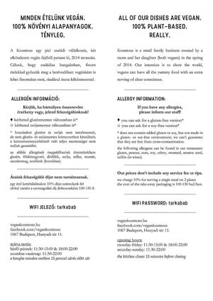 Menu at Kozmosz Vegan Etterem in Budapest