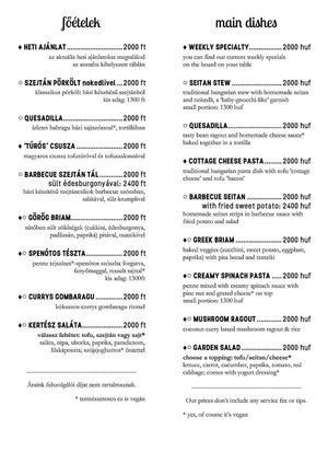 Menu/main dishes at Kozmosz Vegan Etterem in Budapest
