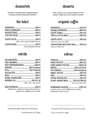 Menu/desserts, coffees and extras at Kozmosz Vegan Etterem in Budapest