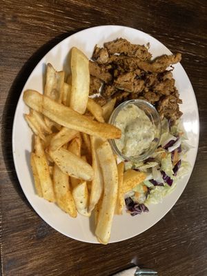 Gyros-plate. Delicious spice-mix and wonderful sauce.  at Kozmosz Vegan Etterem in Budapest