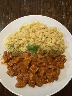 Seitan-stew. Really homy taste.  at Kozmosz Vegan Etterem in Budapest