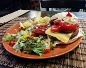 Bean burger at Kozmosz Vegan Etterem in Budapest