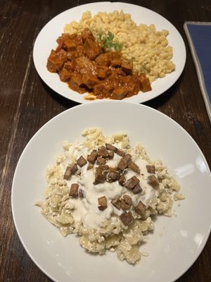 Seitan stew and Csusza  at Kozmosz Vegan Etterem in Budapest