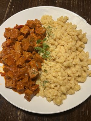 Seitan stew with nokedli   at Kozmosz Vegan Etterem in Budapest