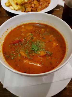 Bean goulash with veggies and smoked tofu at Kozmosz Vegan Etterem in Budapest