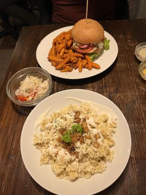 Pasta and bean burger  at Kozmosz Vegan Etterem in Budapest
