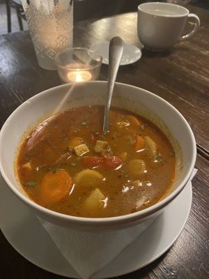 Goulash soup  at Kozmosz Vegan Etterem in Budapest