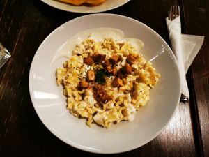 Cottage cheese pasta at Kozmosz Vegan Etterem in Budapest