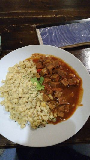Big portion Seitan stew at Kozmosz Vegan Etterem in Budapest