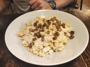 Cottage cheese pasta at Kozmosz Vegan Etterem in Budapest