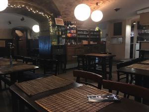 Main eating area at Kozmosz Vegan Etterem in Budapest