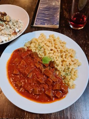 Seitan Stew with Nokedli at Kozmosz Vegan Etterem in Budapest