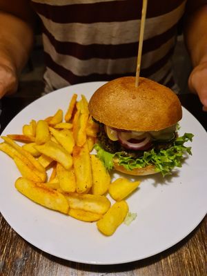Mushroom Burger with Fries at Kozmosz Vegan Etterem in Budapest