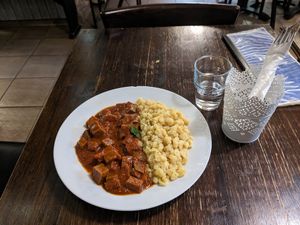 Seitan Stew with Baby "Gnocchi" at Kozmosz Vegan Etterem in Budapest
