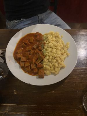Seitan stew with nokedli   at Kozmosz Vegan Etterem in Budapest