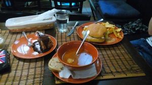 Goulash soup, pancakes and the burger at Kozmosz Vegan Etterem in Budapest