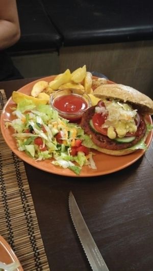 bean burger at Kozmosz Vegan Etterem in Budapest