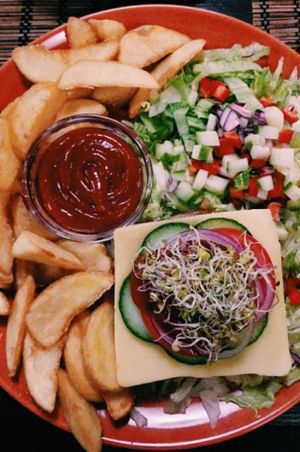 vegan burger at Kozmosz Vegan Etterem in Budapest