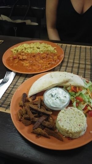 gyros plate and stew at Kozmosz Vegan Etterem in Budapest