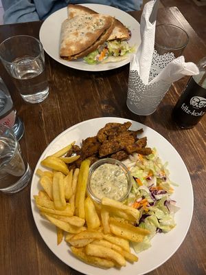 Gyros plate with fried potato and quesadilla at Kozmosz Vegan Etterem in Budapest