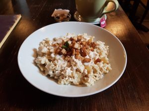 Vegan cottage cheese pasta at Kozmosz Vegan Etterem in Budapest