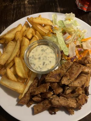 Gyros plate with fries  at Kozmosz Vegan Etterem in Budapest