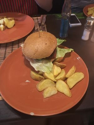 bean burger and chips at Kozmosz Vegan Etterem in Budapest