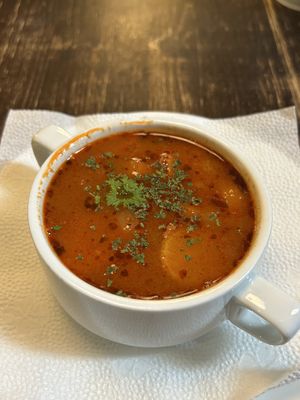 Bean goulash with smoked tofu and veggies  at Kozmosz Vegan Etterem in Budapest
