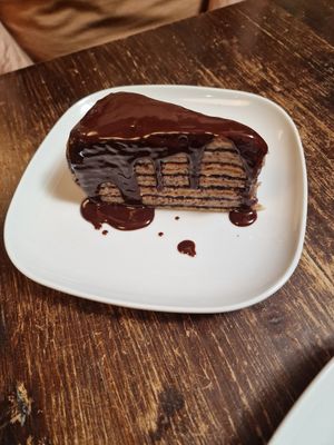 Pancake layer cake, not my thing at Kozmosz Vegan Etterem in Budapest