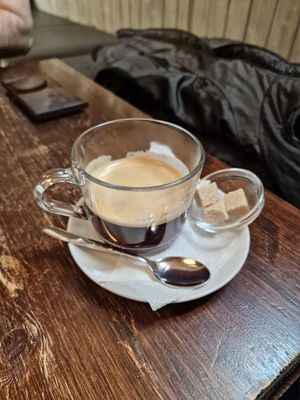 Cafe lungo at Kozmosz Vegan Etterem in Budapest