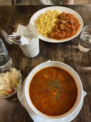 Vegan Goulash + pickled veggies + Seitan Stew  at Kozmosz Vegan Etterem in Budapest