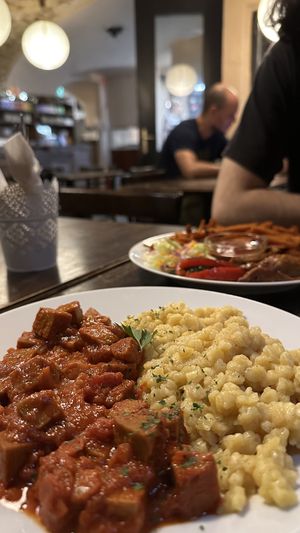 Seitan stew and seitan bbq  at Kozmosz Vegan Etterem in Budapest
