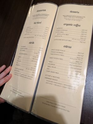 Menu at Kozmosz Vegan Etterem in Budapest