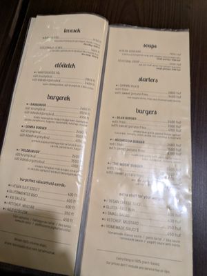 Menu at Kozmosz Vegan Etterem in Budapest