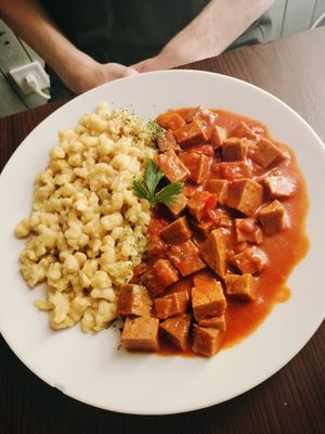 Seitan stew at Kozmosz Vegan Etterem in Budapest