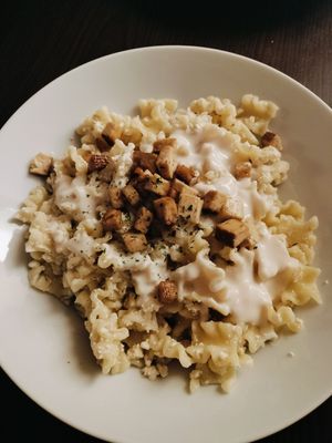 Cottage cheese pasta at Kozmosz Vegan Etterem in Budapest