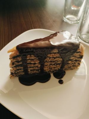 Poppyseed, walnut, apricot, chocolate layered pancakes at Kozmosz Vegan Etterem in Budapest