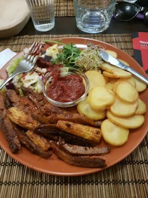 BBQ Seitan. very good!  at Kozmosz Vegan Etterem in Budapest