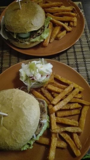 Lunch for two – fabulous bean burgers  at Kozmosz Vegan Etterem in Budapest